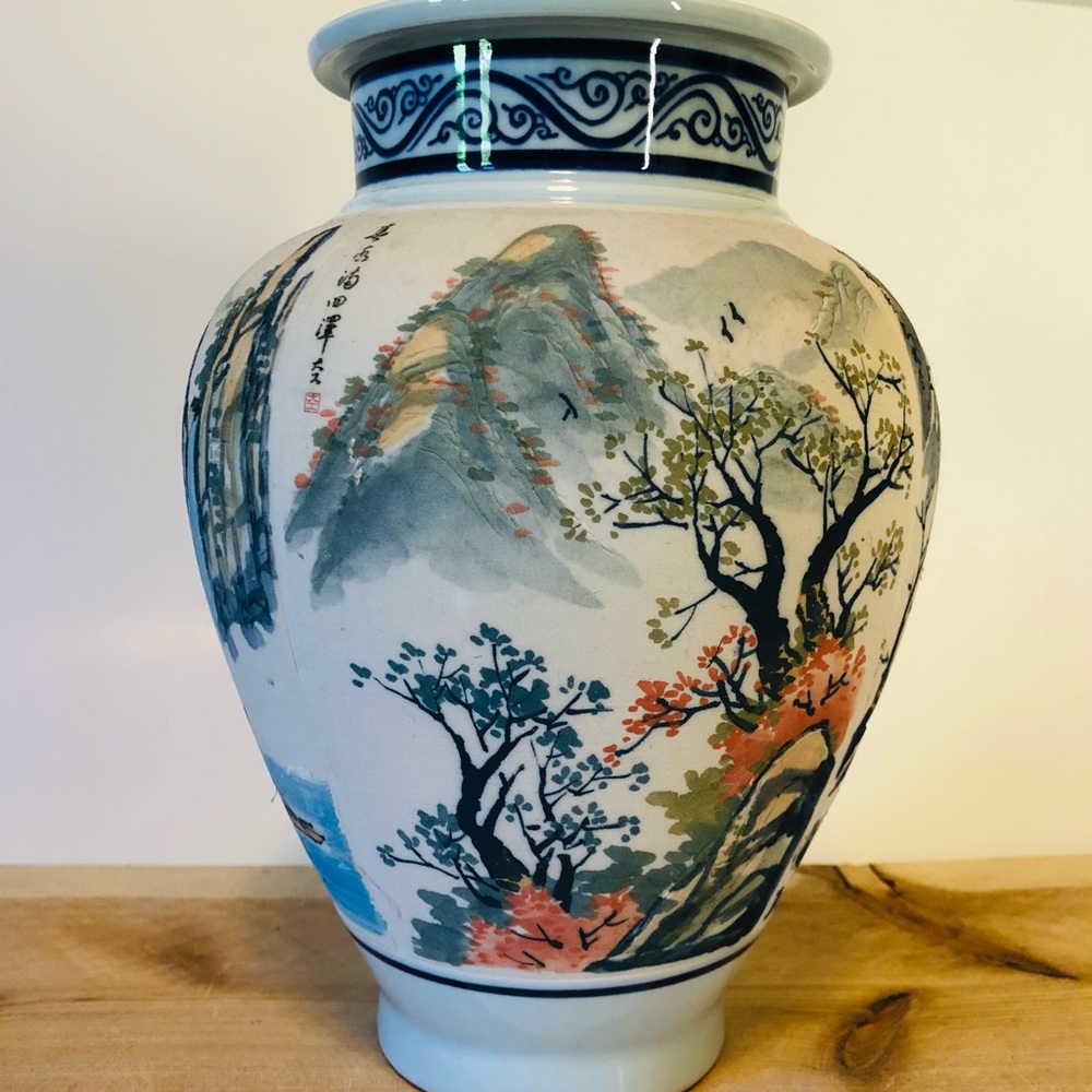 Vintage Japanese Sculpted Vase / Planter Hand Painted Scenes Mt. Fuji